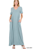 Zenana Plus Size Relaxed Fit V-Neck Short Sleeve Full Length Maxi Long Dress w/ Side Pockets