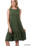 Women's Relaxed Fit Round Neck Ruffle Hem Sleeveless Midi Summer Dress w/Side Pockets