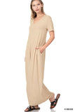 Zenana Plus Size Relaxed Fit V-Neck Short Sleeve Full Length Maxi Long Dress w/ Side Pockets