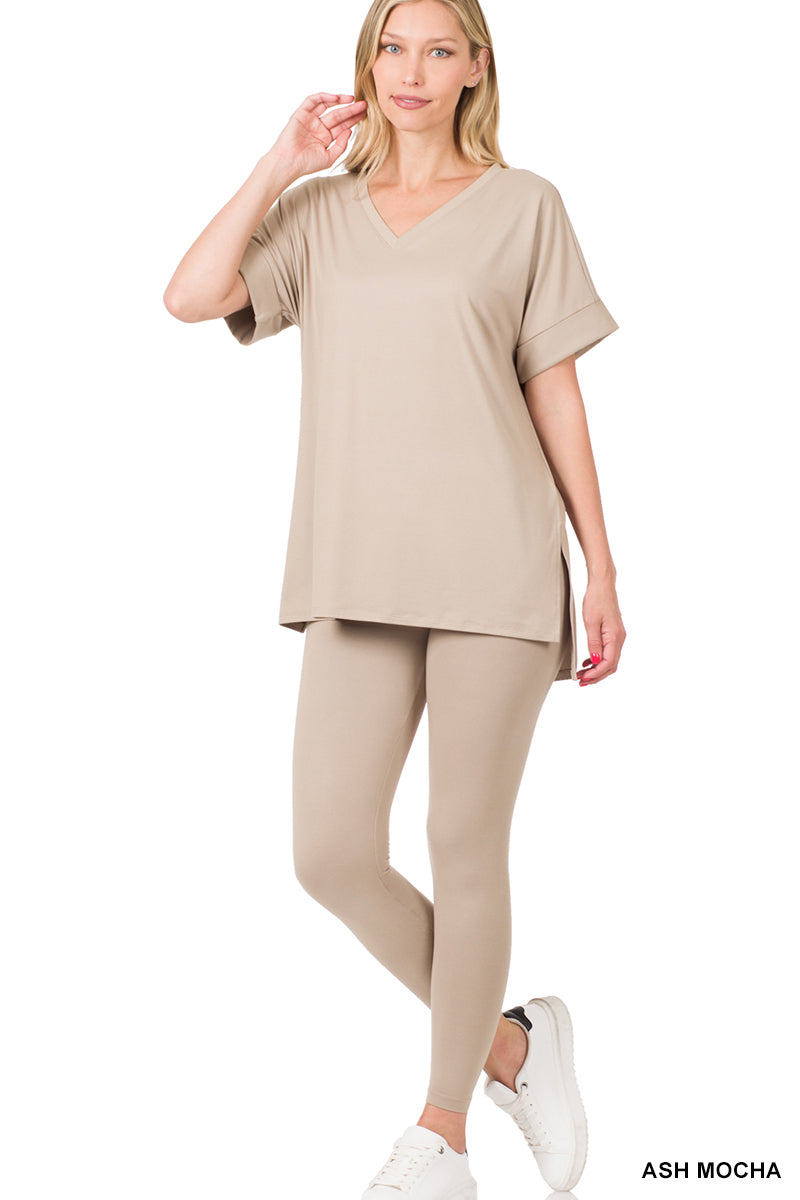 Zenana Plus V-Neck Short Sleeve & Leggings Comfy Loungewear Activewear –