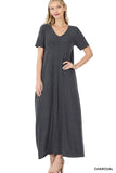 Zenana Plus Size Relaxed Fit V-Neck Short Sleeve Full Length Maxi Long Dress w/ Side Pockets