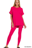 Zenana Plus Size Brushed DTY Microfier Round Neck Short Sleeve Hi-Low Hem & Full Length Leggings Loungewear Set