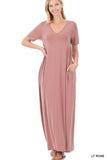 Zenana Plus Size Relaxed Fit V-Neck Short Sleeve Full Length Maxi Long Dress w/ Side Pockets