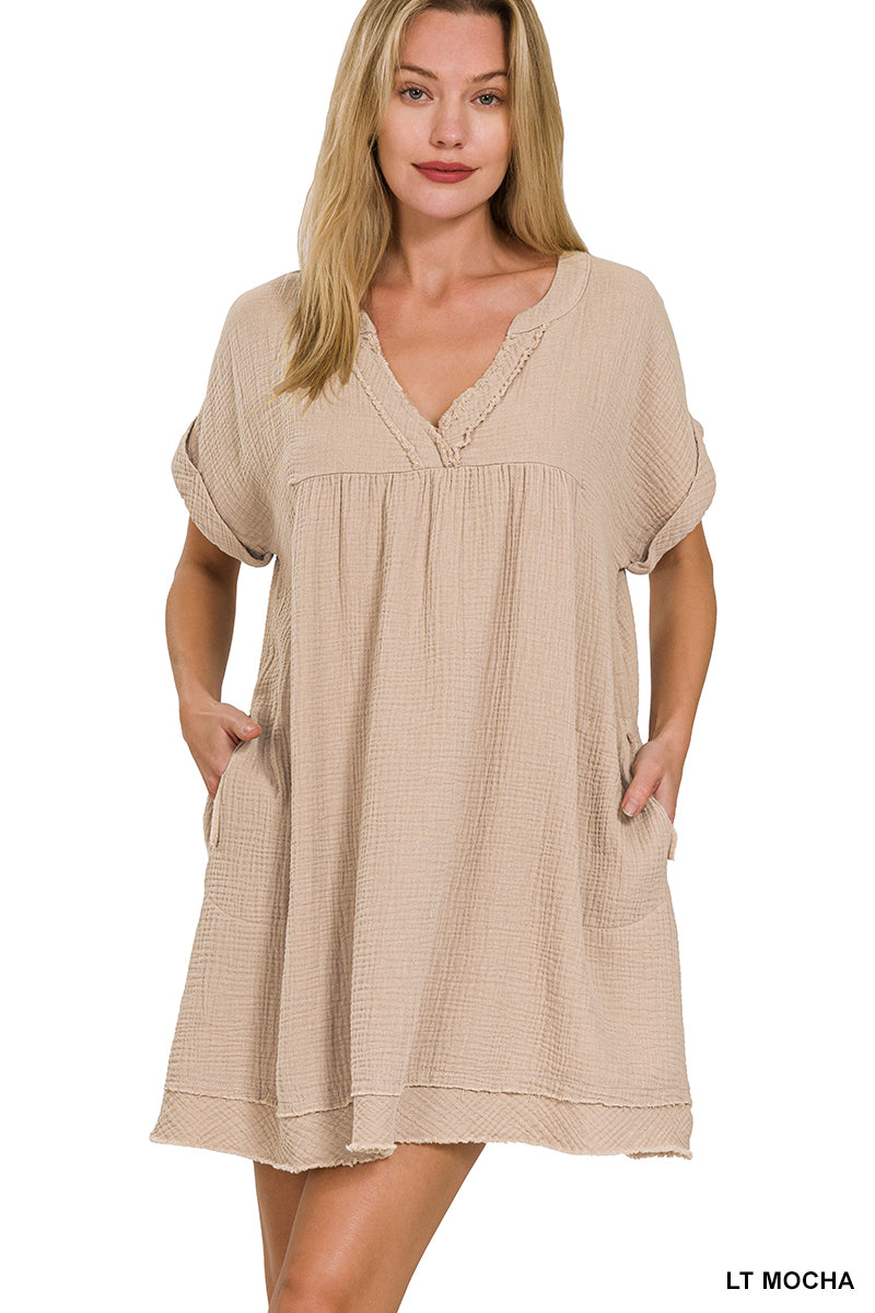 Zenana Plus Size Relaxed Fit Gauge Rolled Short Sleeve Raw Edge Mini V TheLovely.com Zenana Plus Size Relaxed Fit Gauge Rolled Short Sleeve Raw Edge Mini V TheLovely.com
