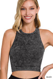 Women's Washed Ribbed Seamless High Neck Nylon Cropped Racer Back Tank Top