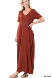 Zenana Plus Size Relaxed Fit V-Neck Short Sleeve Full Length Maxi Long Dress w/ Side Pockets