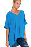Zenana Women's V Neck Woven Airflow Dolman Short Sleeve Hi-Low Blouse Top