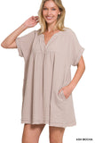 Zenana Women's Relaxed Fit Gauge Rolled Short Sleeve Raw Edge Mini V-Neck T-Shirt Dress