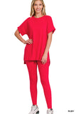 Zenana Plus Size Brushed DTY Microfier Round Neck Short Sleeve Hi-Low Hem & Full Length Leggings Loungewear Set