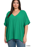 Zenana Plus Size V Neck Woven Airflow Dolman Short Sleeve Hi-Low Blouse Top