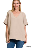 Zenana Women's V Neck Woven Airflow Dolman Short Sleeve Hi-Low Blouse Top