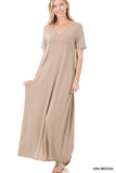 Zenana Plus Size Relaxed Fit V-Neck Short Sleeve Full Length Maxi Long Dress w/ Side Pockets