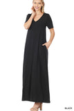 Zenana Plus Size Relaxed Fit V-Neck Short Sleeve Full Length Maxi Long Dress w/ Side Pockets