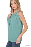 Women's Slim Fit Round Neck Sleeveless Front Neck Pleated Blouse Tops w/Keyhole Back