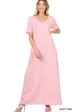 Zenana Plus Size Relaxed Fit V-Neck Short Sleeve Full Length Maxi Long Dress w/ Side Pockets