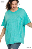 Zenana Plus Size Relaxed Fit Oversized Short Sleeve Round Neck Melange Burnout Raw Edge Tee Shirts