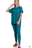 Zenana Plus Size Brushed DTY Microfier Round Neck Short Sleeve Hi-Low Hem & Full Length Leggings Loungewear Set