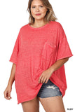 Zenana Plus Size Relaxed Fit Oversized Short Sleeve Round Neck Melange Burnout Raw Edge Tee Shirts