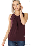 Plus Size Slim Fit Round Neck Sleeveless Front Neck Pleated Blouse Tops w/Keyhole Back