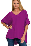 Zenana Plus Size V Neck Woven Airflow Dolman Short Sleeve Hi-Low Blouse Top