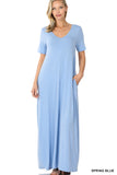 Zenana Plus Size Relaxed Fit V-Neck Short Sleeve Full Length Maxi Long Dress w/ Side Pockets