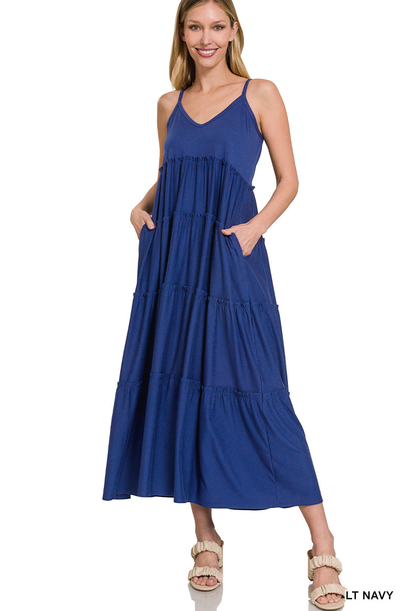 zenana maxi dress Zenana Women & Plus Relaxed Fit V-Neck Cami Full Length Tiered Boho Maxi Long Dress w/ Side Pockets, Women's, Size: Small, Beige