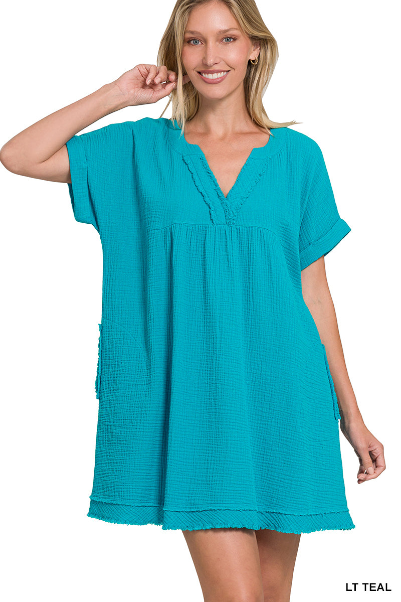zenana linen dress SALE-Zenana-Raw Edge Gauze V-Neck Dress
