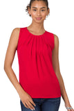 Women's Slim Fit Round Neck Sleeveless Front Neck Pleated Blouse Tops w/Keyhole Back