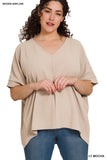 Zenana Plus Size V Neck Woven Airflow Dolman Short Sleeve Hi-Low Blouse Top