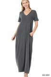 Zenana Plus Size Relaxed Fit V-Neck Short Sleeve Full Length Maxi Long Dress w/ Side Pockets