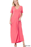 Zenana Plus Size Relaxed Fit V-Neck Short Sleeve Full Length Maxi Long Dress w/ Side Pockets