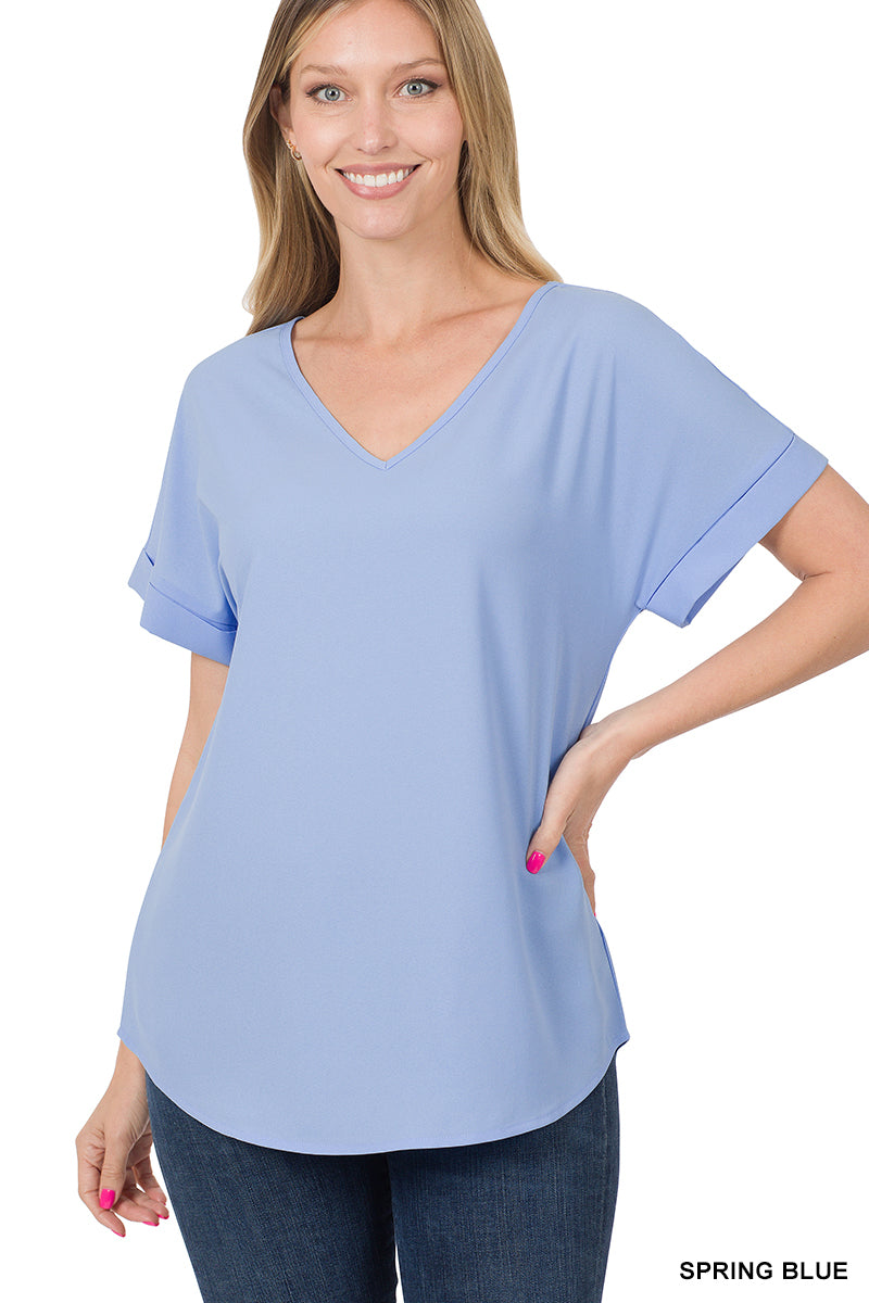 Plus Size Heavy Dobby V-Neck Rolled Short Sleeve Blouse Top