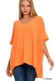 Zenana Women's V Neck Woven Airflow Dolman Short Sleeve Hi-Low Blouse Top