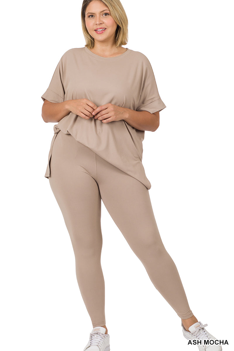 Zenana Women's Brushed DTY Microfier Round Neck Short Sleeve Hi-Low Hem & Full Length Leggings Loungewear Set