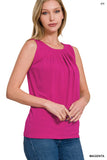 Women's Slim Fit Round Neck Sleeveless Front Neck Pleated Blouse Tops w/Keyhole Back