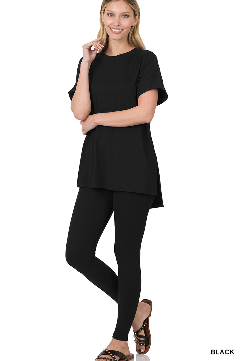 Zenana Women's Brushed DTY Microfier Round Neck Short Sleeve Hi-Low Hem & Full Length Leggings Loungewear Set