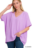 Zenana Plus Size V Neck Woven Airflow Dolman Short Sleeve Hi-Low Blouse Top
