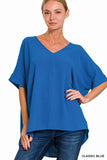 Zenana Women's V Neck Woven Airflow Dolman Short Sleeve Hi-Low Blouse Top