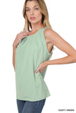 Women's Slim Fit Round Neck Sleeveless Front Neck Pleated Blouse Tops w/Keyhole Back