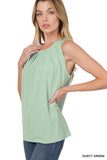 Plus Size Slim Fit Round Neck Sleeveless Front Neck Pleated Blouse Tops w/Keyhole Back