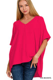 Zenana Plus Size V Neck Woven Airflow Dolman Short Sleeve Hi-Low Blouse Top