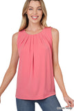 Plus Size Slim Fit Round Neck Sleeveless Front Neck Pleated Blouse Tops w/Keyhole Back