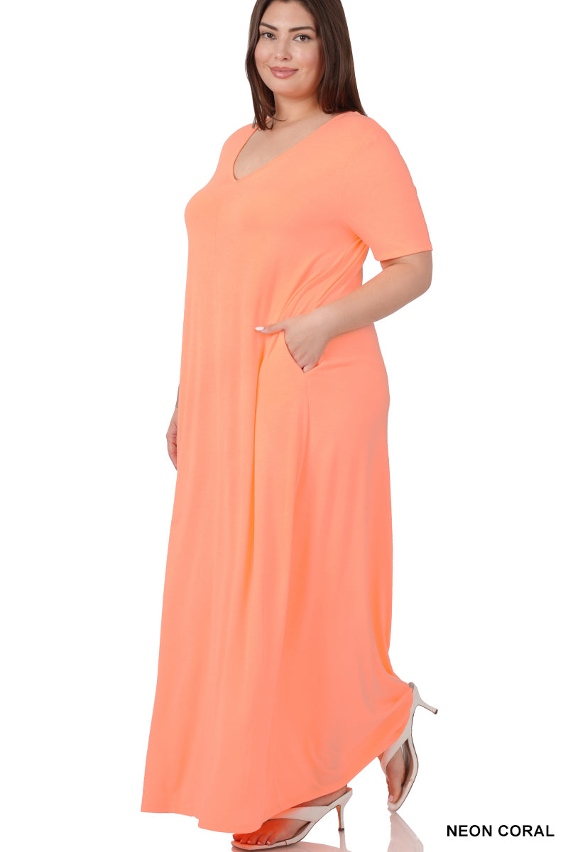 Zenana Plus Size Relaxed Fit V-Neck Short Sleeve Full Length Maxi Long Dress w/ Side Pockets - Aqua Marine / 1x Zenana Plus Size Relaxed Fit V-Neck Short Sleeve Full Length Maxi Long Dress w/ Side Pockets - Aqua Marine / 1x