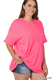 Zenana Plus Size Relaxed Fit Oversized Short Sleeve Round Neck Melange Burnout Raw Edge Tee Shirts