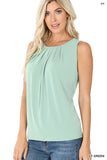 Plus Size Slim Fit Round Neck Sleeveless Front Neck Pleated Blouse Tops w/Keyhole Back