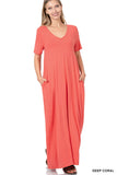 Zenana Plus Size Relaxed Fit V-Neck Short Sleeve Full Length Maxi Long Dress w/ Side Pockets