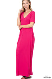 Zenana Plus Size Relaxed Fit V-Neck Short Sleeve Full Length Maxi Long Dress w/ Side Pockets