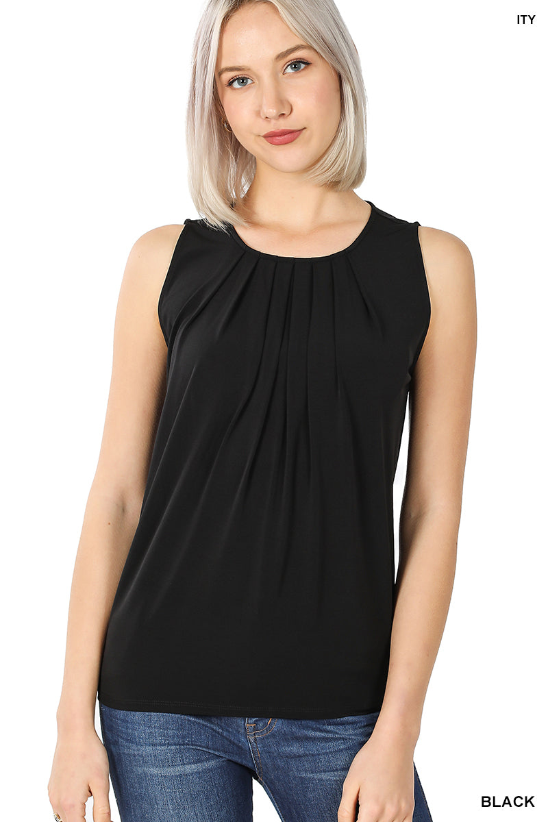 Plus Size Slim Fit Round Neck Sleeveless Front Neck Pleated Blouse Tops w/Keyhole Back