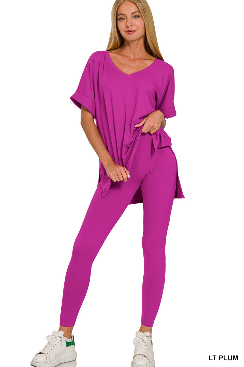 Women's V-Neck Short Sleeve & Leggings Comfy Loungewear Activewear Set –