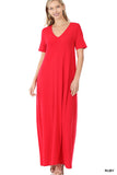 Zenana Plus Size Relaxed Fit V-Neck Short Sleeve Full Length Maxi Long Dress w/ Side Pockets